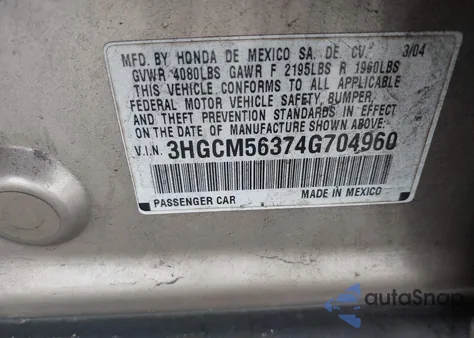 2004 Honda Accord 2.4 Lx from USA, damaged, VIN 3HGCM56374G704960